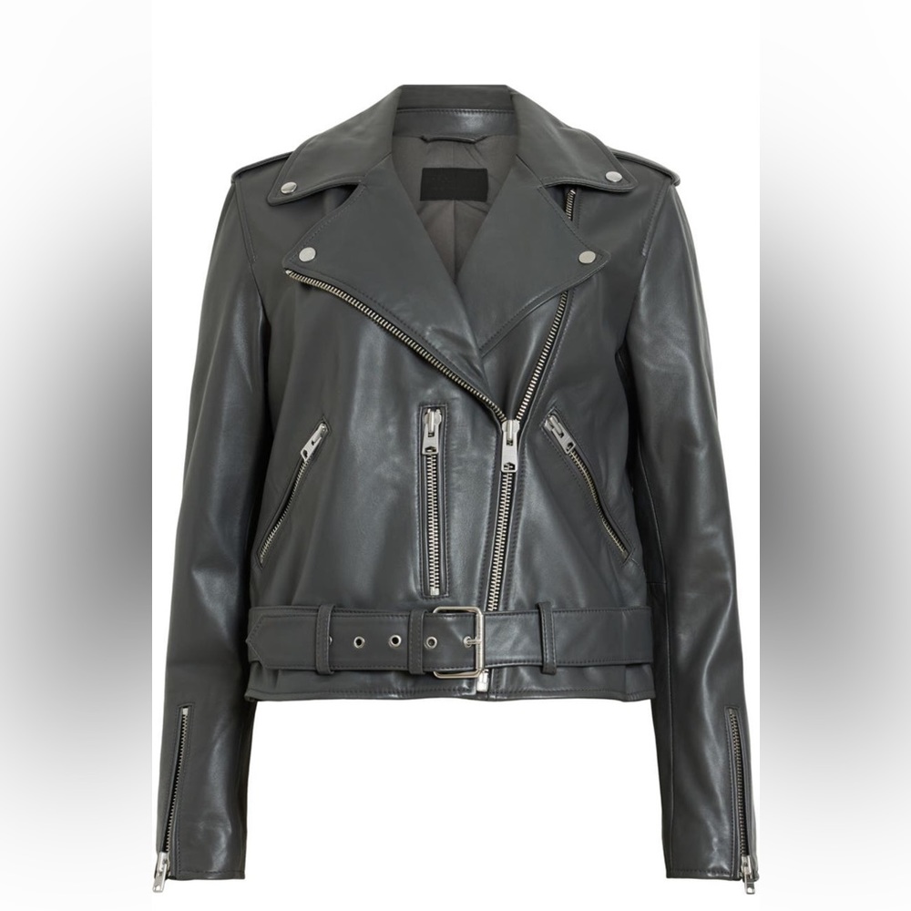 ALL SAINTS Balfern Leather Moto Jacket in City Smoke Grey Size UK 14/US 10